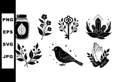 Black mystical spiritual symbols vector set with bird, prayi Product Image 1