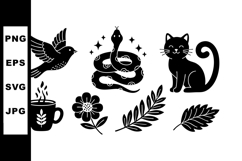 Bird snake cat coffee cup flower and leaves silhouette vecto Product Image 1