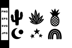 Black silhouette icons of cactus agave pineapple moon stars Product Image 1