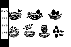Bird nests and eggs vector set with owl and branches in blac Product Image 1
