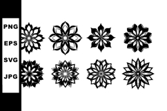 Black floral mandala set with eight symmetrical flower desig Product Image 1