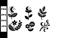 Black and white floral vector illustrations with moon and st Product Image 1