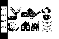 Cute black silhouette icons of deer bird envelope cup balloo Product Image 1