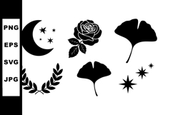 Moon rose ginkgo leaf laurel wreath star silhouette vector i Product Image 1