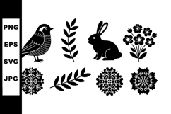 Bird rabbit floral and leaf silhouettes black vector illustr Product Image 1