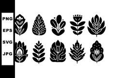 Collection of black silhouette leaves and floral vector icon Product Image 1