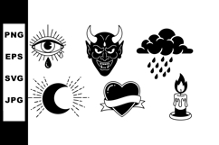 Set of black vintage tattoo style icons with eye moon devil Product Image 1