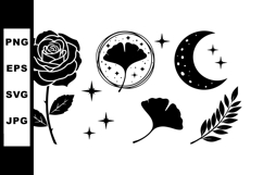 Rose flower moon stars ginkgo leaves black silhouette vector Product Image 1