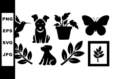 Silhouettes of dog, hummingbird, butterfly, plants, and leav Product Image 1