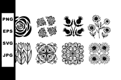 Black and white floral vector set with roses tulips and dais Product Image 1