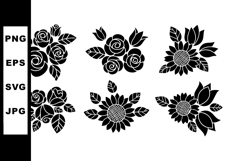 Black silhouette floral vector set with roses and sunflowers Product Image 1
