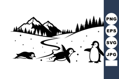 Black and White Penguins in Snowy Mountain Landscape Vector Product Image 1