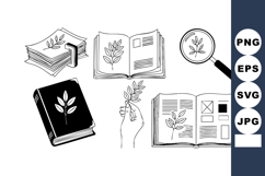 Black and White Botanical Book and Magnifying Glass Illustra Product Image 1