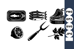 Black Silhouette Vector Canned Fish Lemon Fork Herbs Product Image 1