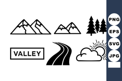 Simple Black Line Art Mountain Valley Icons Set Product Image 1