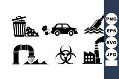 Pollution Icons Set Waste Car Bottle Pipe Product Image 1
