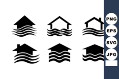 Flooded House Icons With Water Waves Silhouette Product Image 1