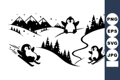 Playful Penguins Sledding in Snowy Mountain Landscape Product Image 1