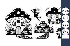 Black White Fairy Tale Mushroom House Vector Illustration Product Image 1