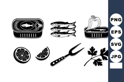Black White Vector Sardines Lemon Fork Parsley Set Product Image 1