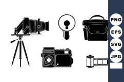 Vintage Camera Equipment Collection with Tripod Flash Product Image 1