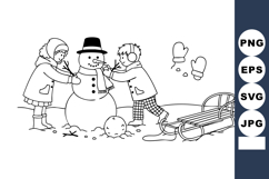 Kids Building Snowman Winter Scene Illustration Product Image 1