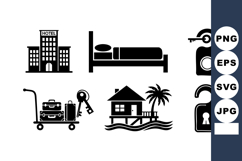 Hotel Accommodation Icons Building Bed Luggage Keys Product Image 1