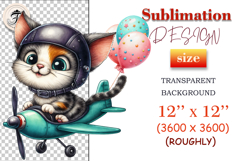 Cute tabby cat flying a toy airplane with festive balloons – sublimation design for nursery wall art and party printables.