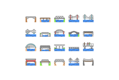 bridge city building road river icons set vector Product Image 1