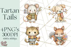 Tartan Scarf Fall Animals Clipart PNG, Cute Autumn Animals Product Image 1