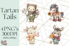 Tartan Scarf Fall Animals Clipart PNG, Cute Autumn Animals Product Image 1