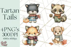 Tartan Scarf Fall Animals Clipart PNG, Cute Autumn Animals Product Image 1