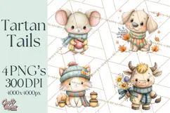 Tartan Scarf Fall Animals Clipart PNG, Cute Autumn Animals Product Image 1