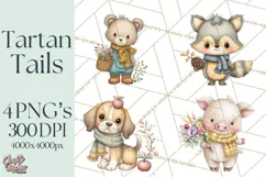 Tartan Scarf Fall Animals Clipart PNG, Cute Autumn Animals Product Image 1