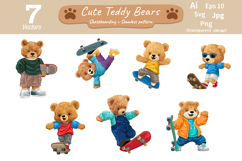 Vector Cute Teddy Bears Skateboarding, Seamless Pattern Product Image 1