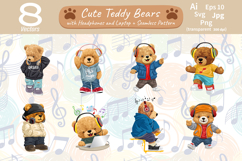 Cute Teddy Bear with Headphones, Seamless Pattern Product Image 1