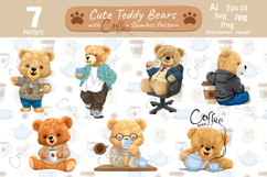 Coffee Time Teddy Bears Illustrations with Seamless Pattern Product Image 1