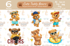 Summer Drinks Teddy Bears with Seamless Pattern Product Image 1