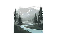 Serene river winding through lush forest in minimal vector i Product Image 1