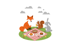 Fox, squirrel, and rabbit enjoying a picnic in flat vector a Product Image 1