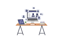 Desk setup with computer, laptop, and networking icons in fl Product Image 1