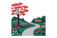 Colorful garden scene with pink tree and flowers in flat vec Product Image 1