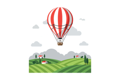 Hot air balloon soaring over green fields in flat vector art Product Image 1
