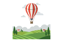 Colorful hot air balloon soaring over green hills in flat ve Product Image 1