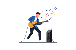 Musician playing electric guitar with colorful notes in flat Product Image 1