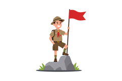 Young scout standing proudly on rock holding red flag vector Product Image 1