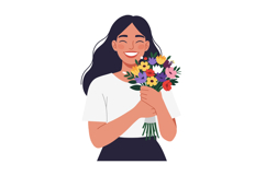 Happy woman holding a colorful bouquet of flowers in vector Product Image 1
