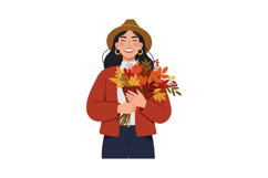 Smiling woman holding a bouquet of autumn flowers in flat ve Product Image 1