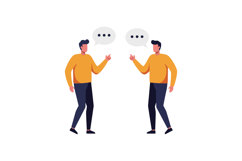 Two men engaged in conversation with speech bubbles in flat Product Image 1