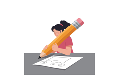 Girl drawing a car design with oversized pencil in flat vect Product Image 1